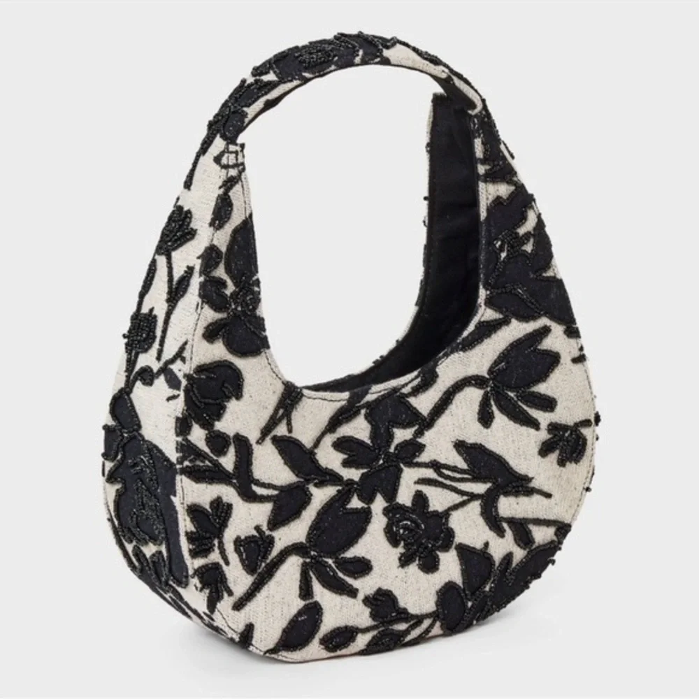 a new day Black Ivory Floral Toille Hobo Bag with Modern Beaded Design::NWT::